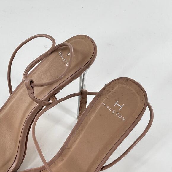 H Halston Wizard Multi Strap Party Heels Sandal 9 Tan Nude Clear Minimalist - Picture 6 of 7